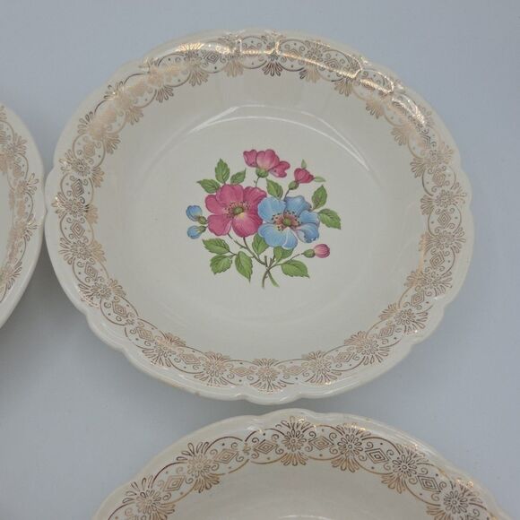 French Saxon China 22k Blossomtime 7.5 Inch Diameter Gold Bowls Set Of 4 Set 2 - Picture 5 of 10
